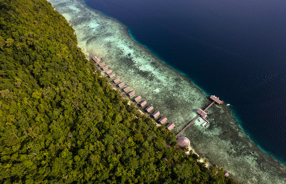 High aerial view of Papua Explorers Resort