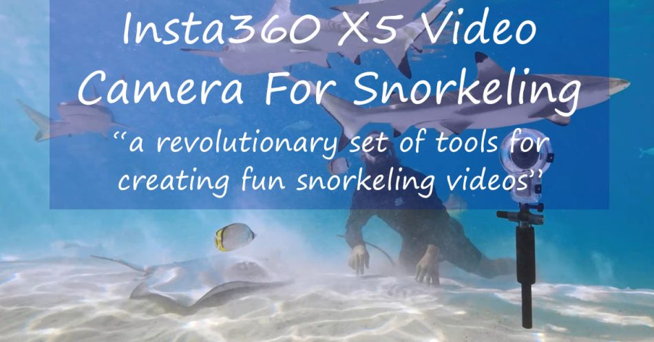 Snorkeler with floating camera housing, ray and sharks with words over, "Insta360 X5 Video Camera for Snorkeling - a revolutionary set of tools for creating fun snorkeling videos"