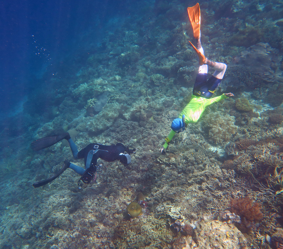 Two people demonstrating freediving as a snorkeler in Indonesia